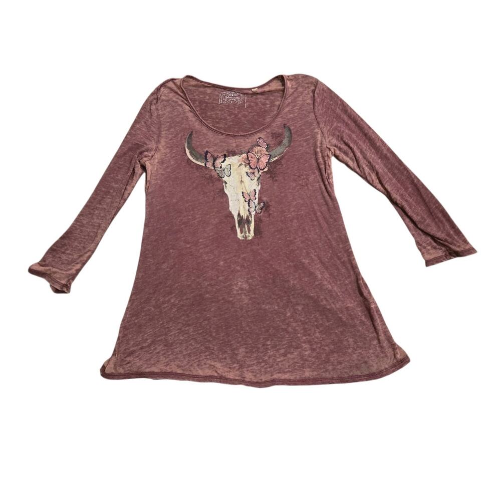Panhandle Slim Tee Shirt Womens Lg Pink Longhorn Skulls Long Sleeve v Neck